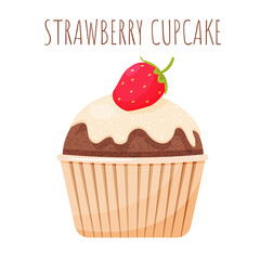 Delicious cupcake with white cream with strawberry on the top. Cute dessert isolated on a white background