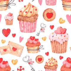 Seamless pattern with watercolor elements on the theme of love, valentine's day:cakes with cream and sprinkles in the form of hearts,chocolate muffins,hearts of different colors,letter with heart seal