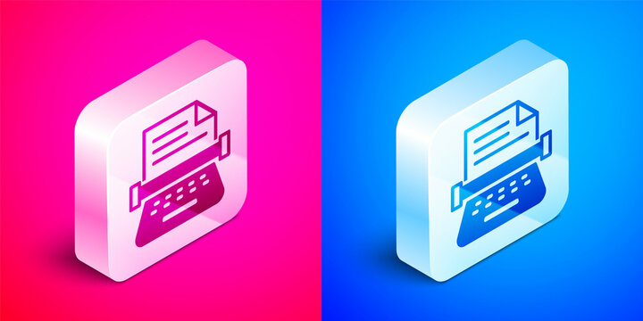 Isometric Retro typewriter and paper sheet icon isolated on pink and blue background. Silver square button. Vector