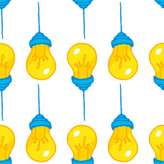 A pattern of a yellow light bulb. A hand-drawn isolated cartoon-style element made of a bright yellow round-shaped light bulb with a blue base and wire is often placed on white for a design template. 