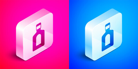 Isometric Bottle of shampoo icon isolated on pink and blue background. Silver square button. Vector