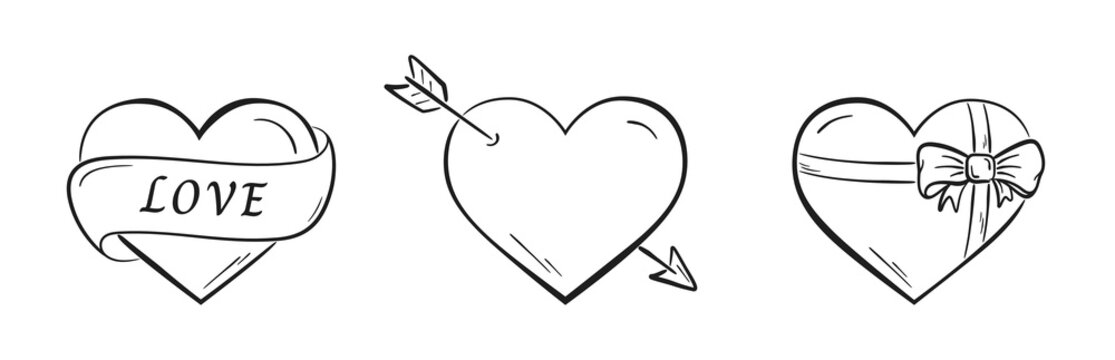 hand drawn love and valentines symbols. hearts with arrow, heart with ribbon and bow. valentine's day design