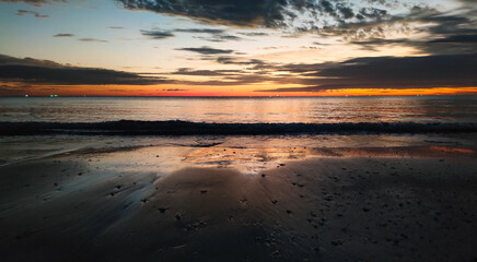 Nature landscape view of beach, sea and the evening sky. Sea view at dusk. 