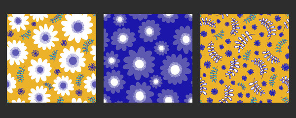 A set of Creative universal artistic backgrounds in doodle style. Pattern of flowers and leaves. Hand drawn textures. Trendy graphic design for banner, poster, card, cover, invitation, placard.