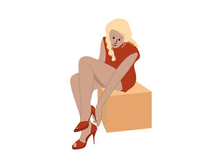 The girl sits on a pedestal and tries on shoes with high heels. Shopping in shoe stores with trying on and buying shoes. Color illustration on a white background.