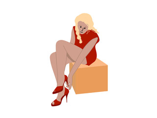The girl sits on a pedestal and tries on shoes with high heels. Shopping in shoe stores with trying on and buying shoes. Color illustration on a white background.
