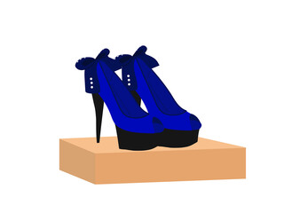 Fashion classic high heel shoes. Women's shoes in blue with large soles, high heels and rhinestones on the bow at the heel. Color illustration on a white background.