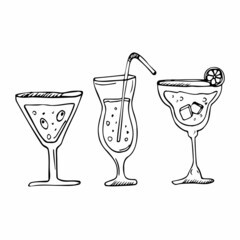 Vector doodle set of cocktails and alcohol drinks. line tropical cocktails and summer juice