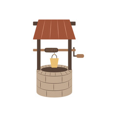 Cute cartoon well. Bucket for water on a rope. Item of rural life. Simple flat icon. Element of a farm, ranch or village. Clipart for educational children's games and books. Agriculture
