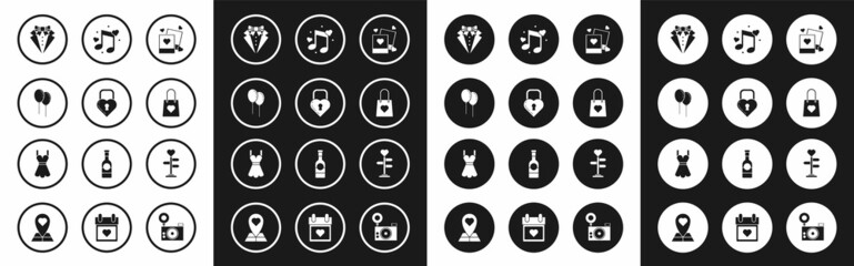 Set Two blanks photo frames and hearts, Castle in the shape of, Balloons with ribbon, Suit, Shopping bag, Music note, tone, Signpost and Woman dress icon. Vector