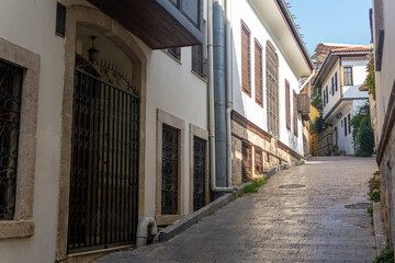 narrow winding streets of Kaleiçi, historic city center of Antalya, Turkey