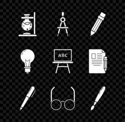 Set Glass test tube flask on fire, Drawing compass, Pencil with eraser, Glasses, Paint brush, Light bulb concept of idea and Chalkboard icon. Vector