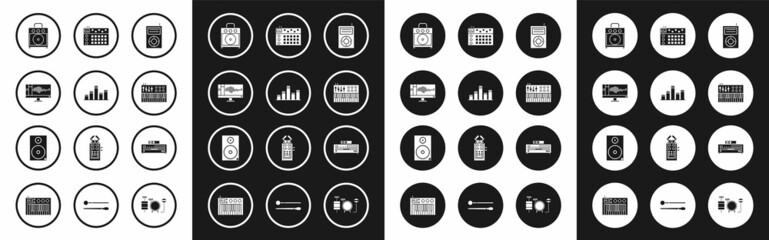Set Music MP3 player, equalizer, Sound or audio recorder on monitor, Guitar amplifier, synthesizer, Drum machine, CD and Stereo speaker icon. Vector