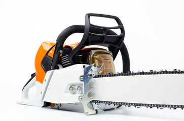 Chainsaw. On white background. Tire, chainsaw chain. Woodworking tool.