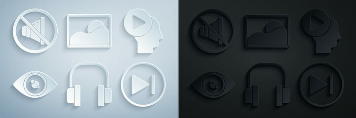 Set Headphones, people with play button, Eye, Fast forward, Picture landscape and Speaker mute icon. Vector