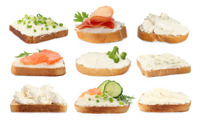 Toasted bread with tasty cream cheese, salmon, prosciutto and cucumber on white background, collage