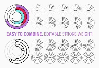 Set of editable trendy line style round infographic pie chart design elements with percentages. Easy to combine different graphs, edit stroke wight un change colors.