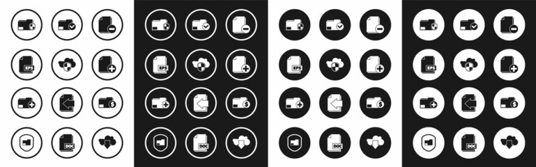 Set Document with minus, Cloud and shield, EPS file document, folder protection, Add new, check mark, Finance and icon. Vector