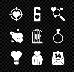 Set Heart in the center of darts target aim, Please do not disturb with heart, Search and love, shape light bulb, Wedding cake, Envelope Valentine, and bird cage icon. Vector