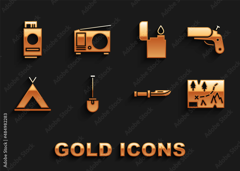 Poster Set Shovel, Flare gun pistol, Folded map with location, Camping knife, Tourist tent, Lighter, Passport ticket and Radio antenna icon. Vector