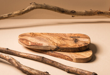 Background for products cosmetics, food or jewellery. Rustic wood pieces podium. Front view..