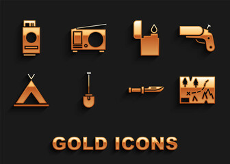 Set Shovel, Flare gun pistol, Folded map with location, Camping knife, Tourist tent, Lighter, Passport ticket and Radio antenna icon. Vector