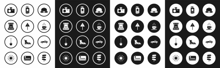 Set Beanie hat, Exclamation mark in triangle, Hiking backpack, Photo camera, Coffee cup, Passport with ticket, Car and Shovel icon. Vector