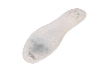 Old and shabby orthopedic insoles isolated on white background. Dirty leather insoles. Worn out things with holes. Inner soles of shoes. Top view banner close up.