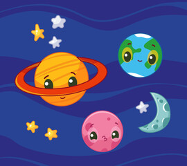 Drawing with cute planets and the moon against the background of the cosmic dark sky and stars. Saturn, moon, earth and venus with faces and smiles. Vector illustration in cartoon childish style.