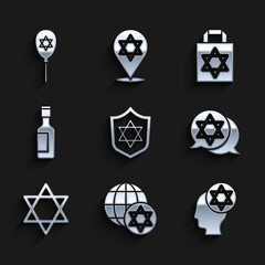 Set Shield with Star of David, World Globe and Israel, Orthodox jewish hat, Jewish wine bottle, Shopping bag star david and Balloon icon. Vector