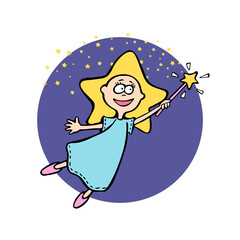Obraz na płótnie Canvas Cheerful little star girl with magic wand flying spraying star pollen