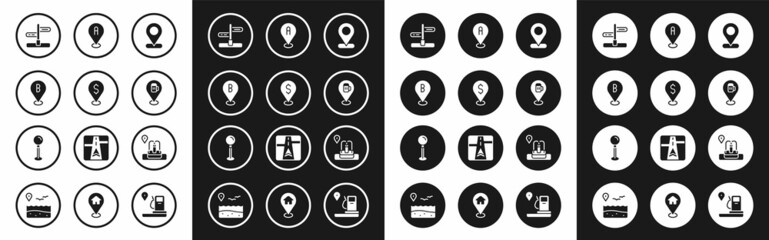 Set Location, Cash location, Road traffic sign, Alcohol or beer bar, with fountain and Push pin icon. Vector