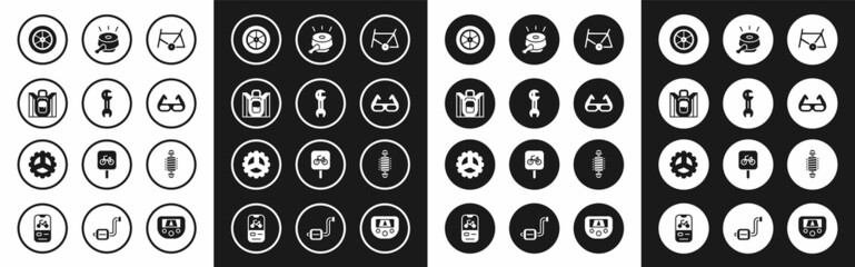 Set Bicycle frame, Wrench spanner, Hiking backpack, wheel, Sport cycling sunglasses, bell, suspension and sprocket crank icon. Vector