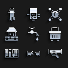 Set Water tap, Broken pipe, Industry metallic, Toolbox, Test tube with water drop, supply pipes, and filter icon. Vector