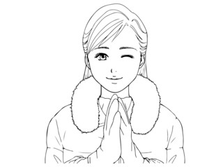 セミロングの女性_ダウンコート_手袋_ウインク_線画