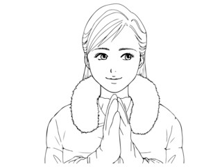 セミロングの女性_ダウンコート_手袋_横目_線画