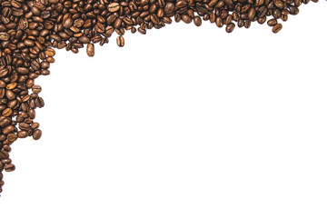 Coffee beans isolated on white background with copy space. Top view of coffee beans on top left corner. Coffee beans template.