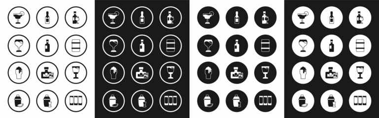 Set Wine bottle with glass, Cocktail, Metal beer keg, Champagne, and Glass of icon. Vector