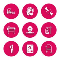 Set Poor eyesight, X-ray shots, Walker, IV bag, Human broken arm, Stretcher, bone and Disabled car icon. Vector