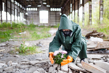 A man in a raincoat and gas mask collects a flower from a scorched, toxic land. Air pollution...