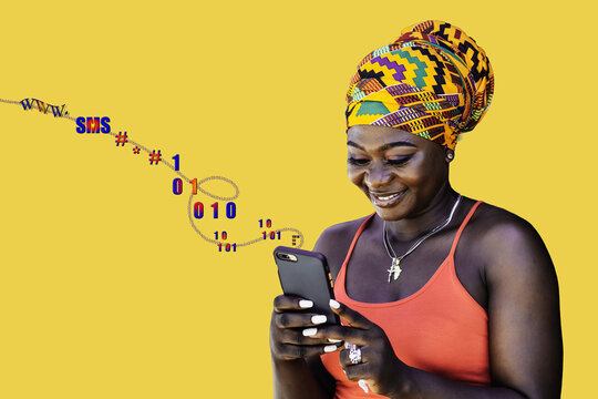Ghana woman with African colorful headdress standing and chatting with mobile phone, illustrating the wireless technology in today's society
