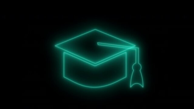 Glowing light neon line Graduation cap icon isolated on black background. Graduation hat with tassel icon. 4K Video motion graphic animation. Blue color neon graduation hat.