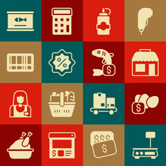 Set Electronic scales, Price tag for egg, Market store, Sauce bottle, Discount percent, Barcode, Canned fish and icon. Vector