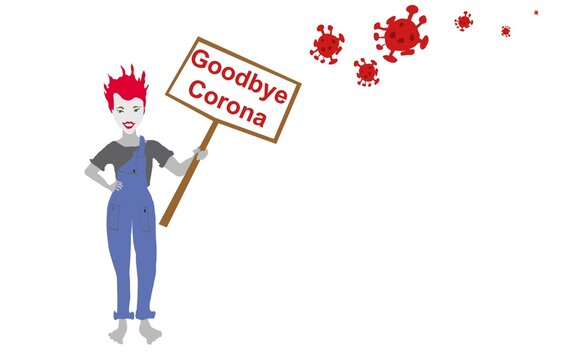 Corona goodbye junge Frau hält ein Plakat als Illustration zum Ende der Pandemie 