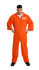 Prisoner in orange jumpsuit on white background