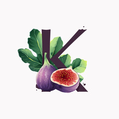 Letter K logo with fresh ripe purple fig fruit and slices with leaf.