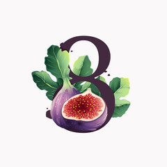 Number eight logo with fresh ripe purple fig fruit and slices with leaf.