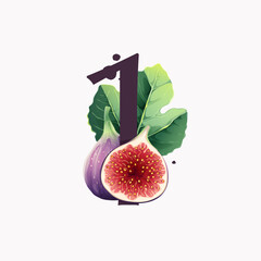 Number one logo with fresh ripe purple fig fruit and slices with leaf.