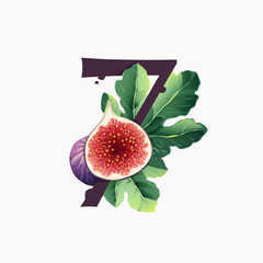 Number seven logo with fresh ripe purple fig fruit and slices with leaf.