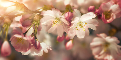 Closeup of beautiful cherry blossoms with blurred background and warm sunshine. Stylized colors emphasize the softness of the flowers - obrazy, fototapety, plakaty